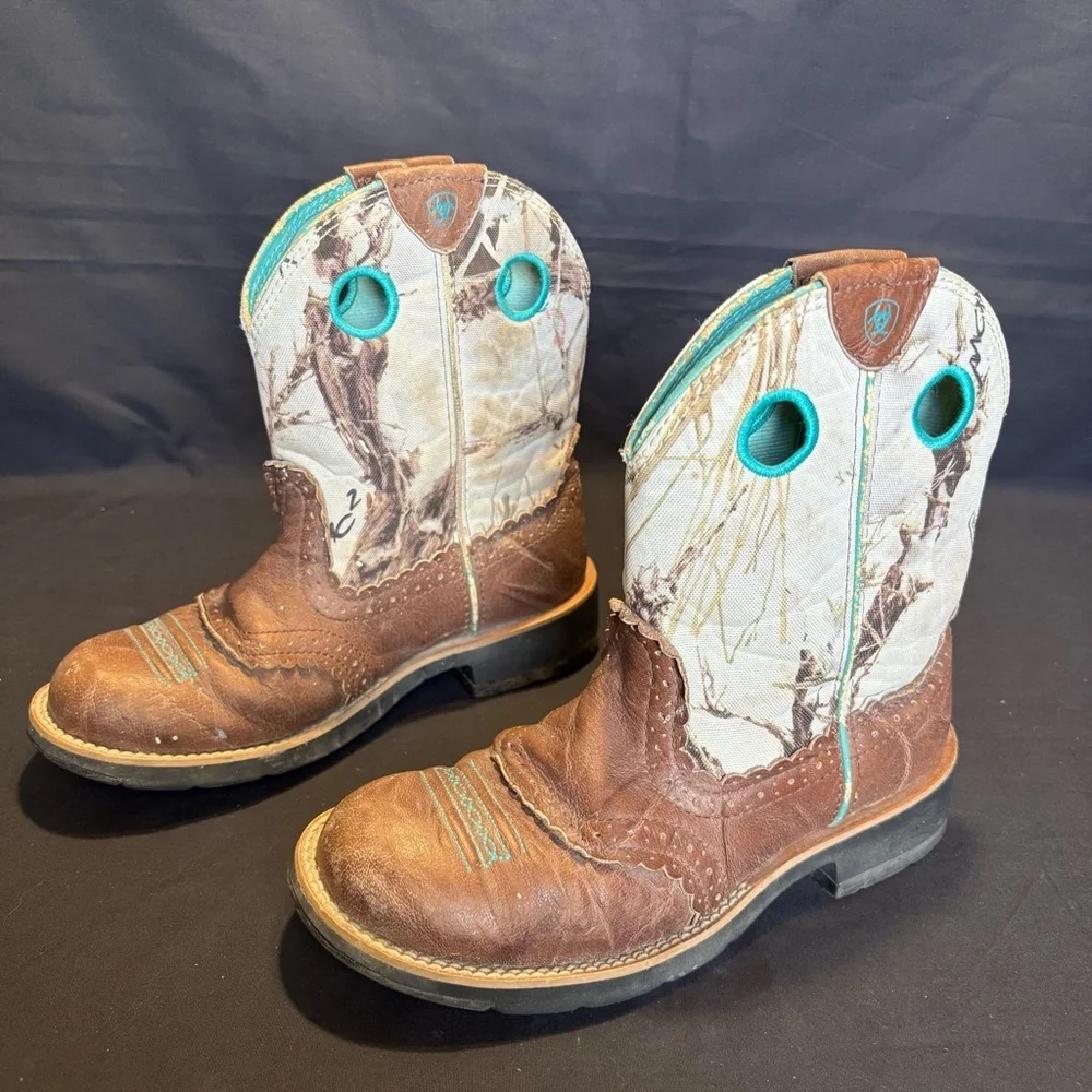 Ariat Fatbaby Youth 6.5B Western Pull-On Boots Brown Camo Teal Accents 10009503